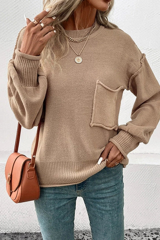 Khaki Stitching Pullover Sweater with Front Pocket UNISHE Don't Be Chy Boutique