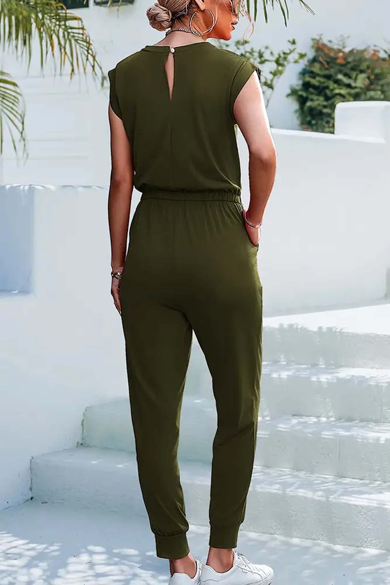 Jumpsuits - Sleeveless Drawstring One Piece Jumpsuit | Green | Medium